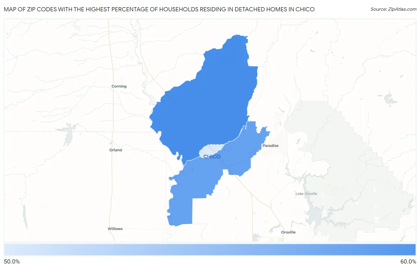Zip Codes with the Highest Percentage of Households Residing in Detached Homes in Chico Map