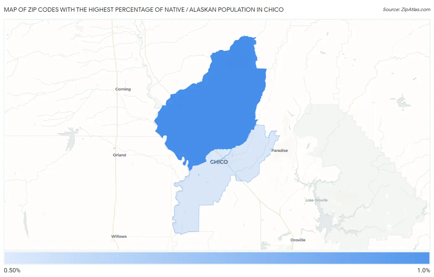 Zip Codes with the Highest Percentage of Native / Alaskan Population in Chico Map