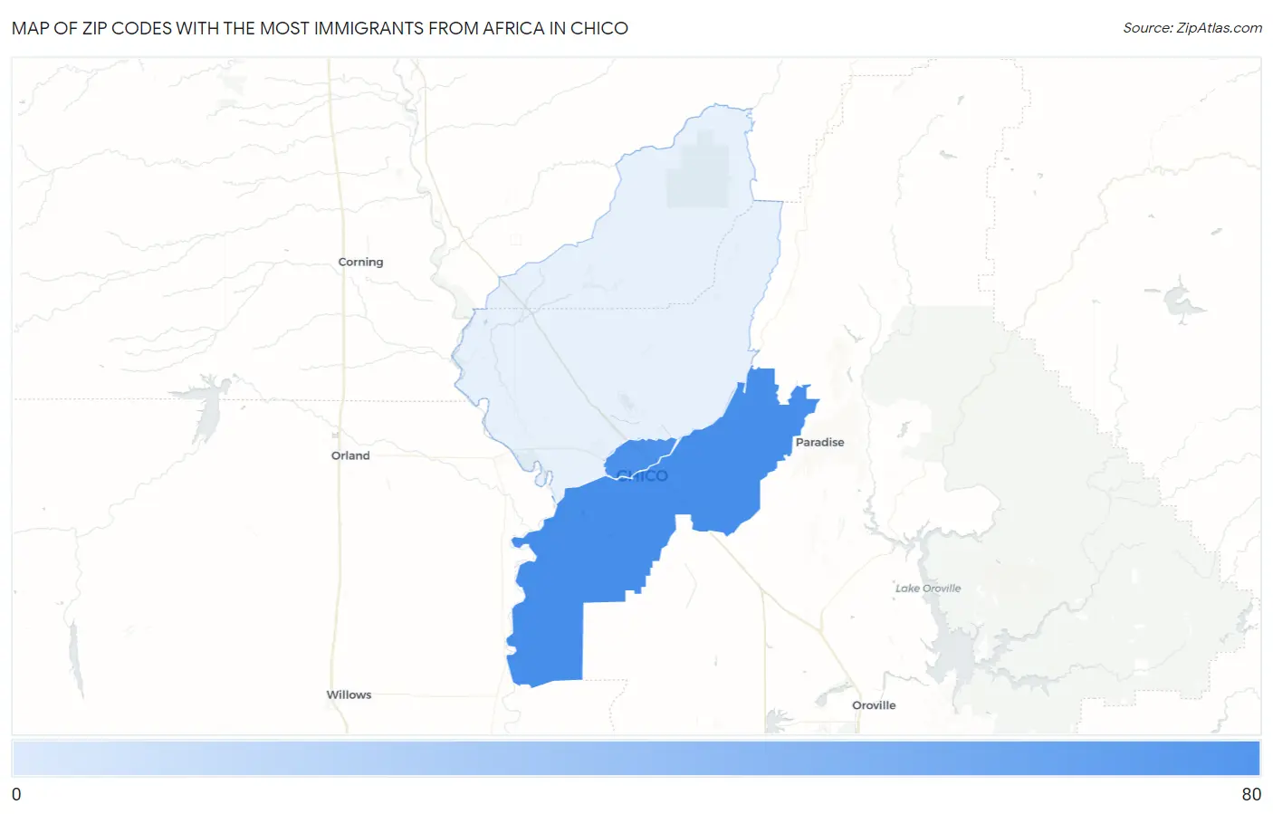 Zip Codes with the Most Immigrants from Africa in Chico Map