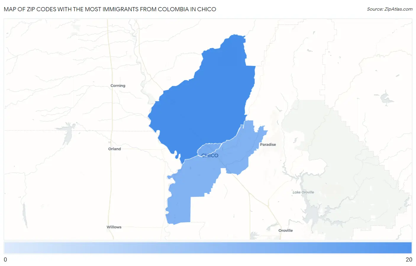 Zip Codes with the Most Immigrants from Colombia in Chico Map