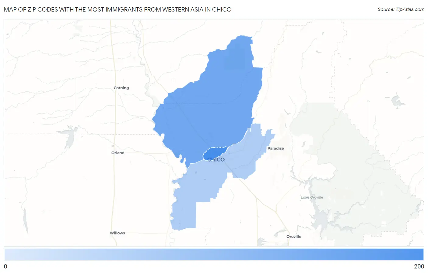 Zip Codes with the Most Immigrants from Western Asia in Chico Map