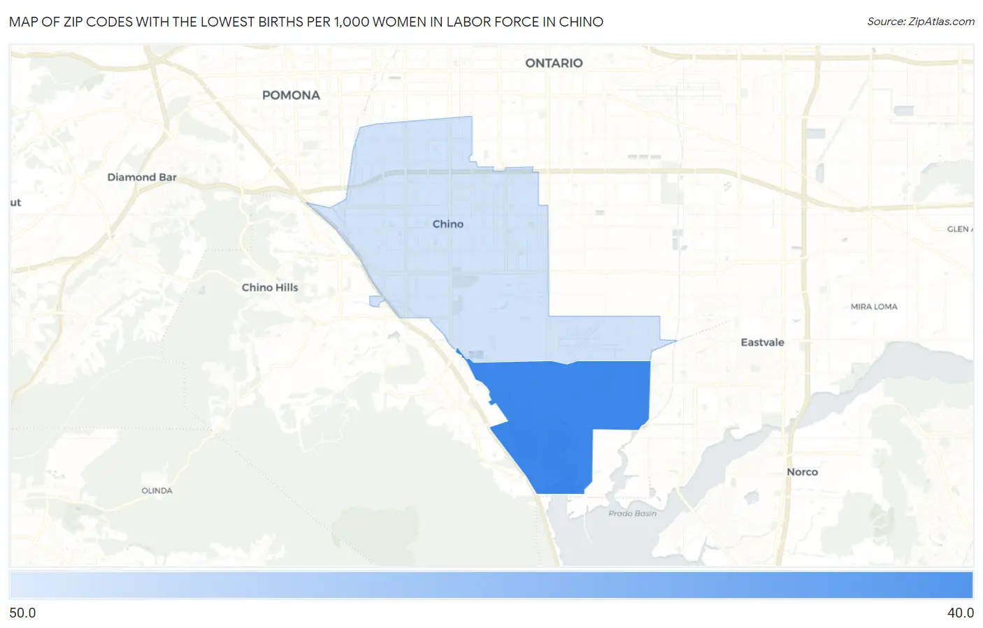Zip Codes with the Lowest Births per 1,000 Women in Labor Force in Chino Map