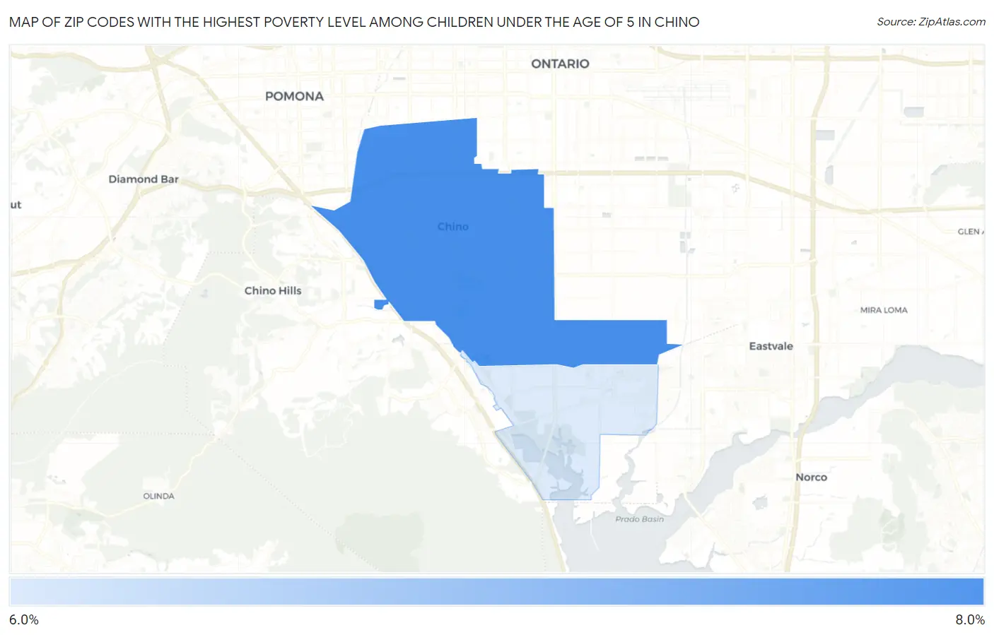 Zip Codes with the Highest Poverty Level Among Children Under the Age of 5 in Chino Map