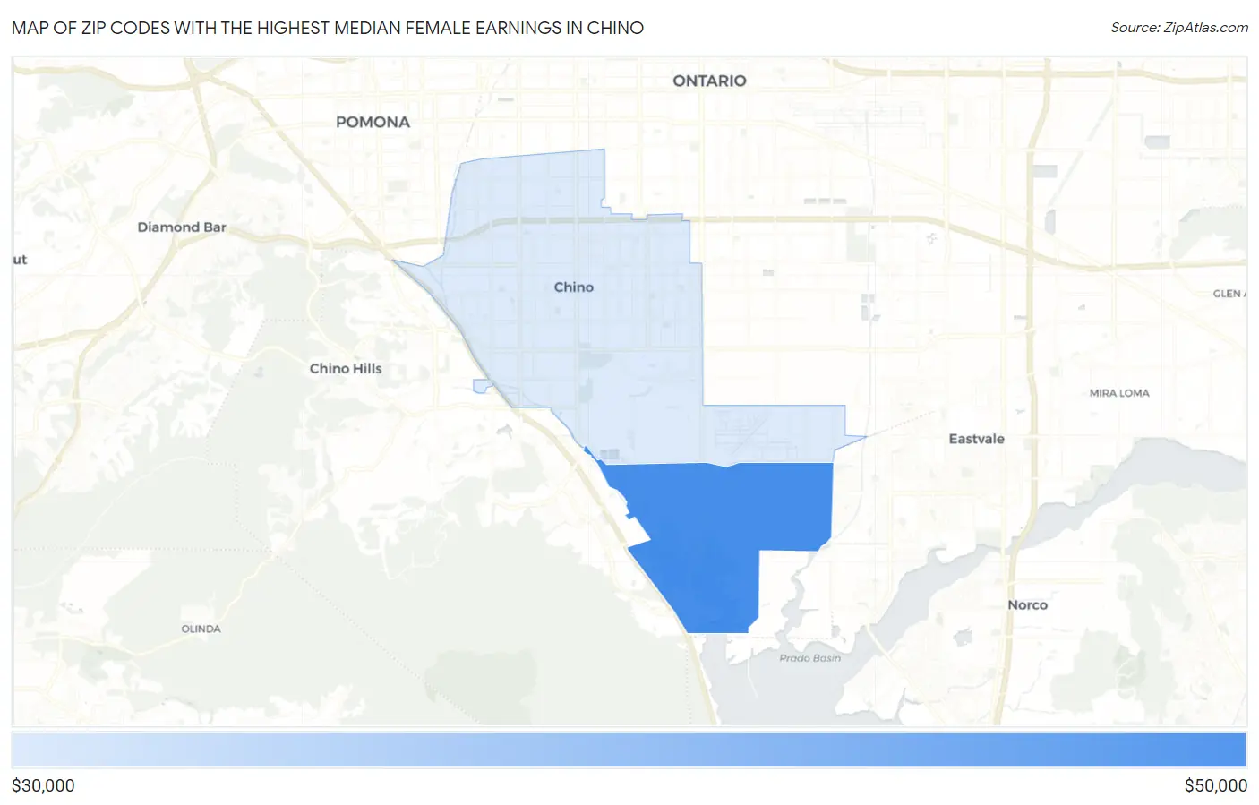 Zip Codes with the Highest Median Female Earnings in Chino Map