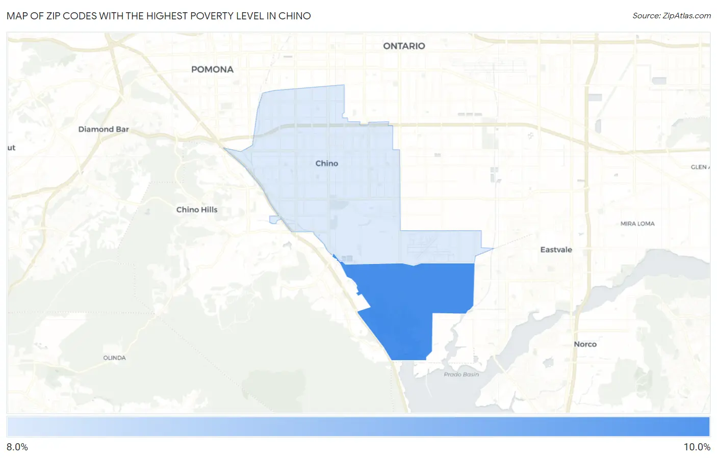Zip Codes with the Highest Poverty Level in Chino Map
