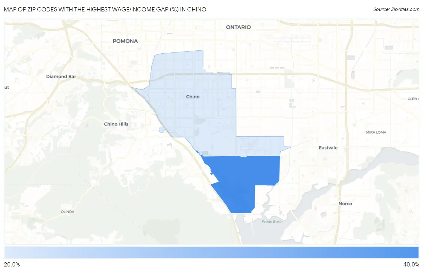 Zip Codes with the Highest Wage/Income Gap (%) in Chino Map