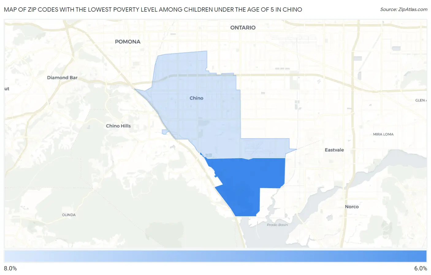 Zip Codes with the Lowest Poverty Level Among Children Under the Age of 5 in Chino Map