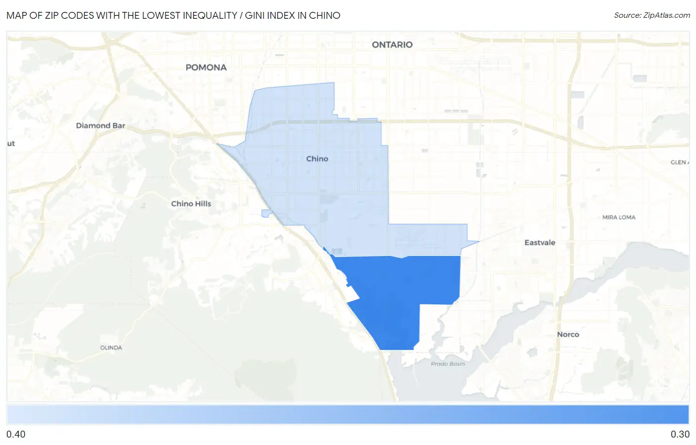Zip Codes with the Lowest Inequality / Gini Index in Chino Map