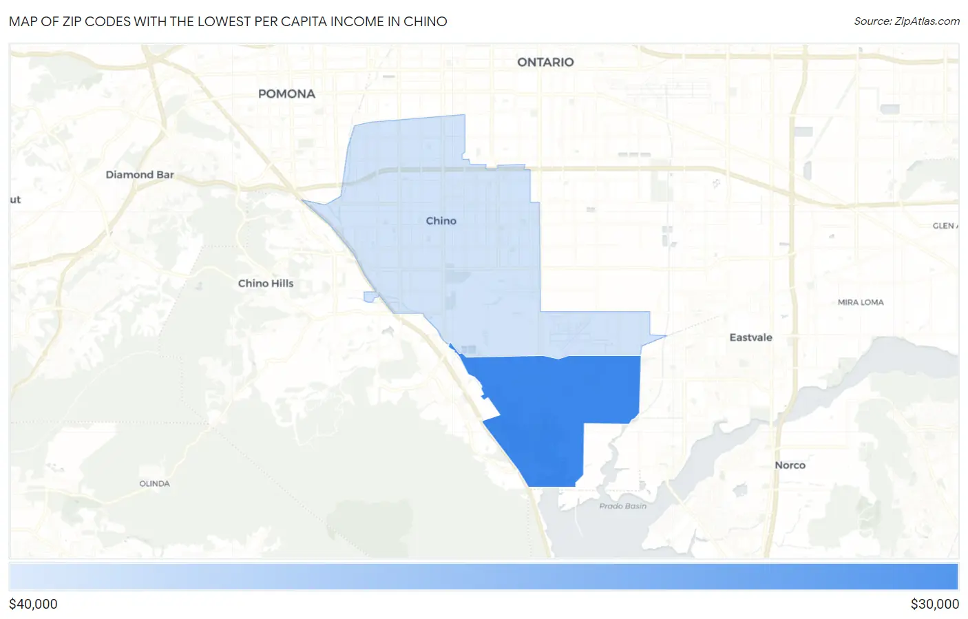 Zip Codes with the Lowest Per Capita Income in Chino Map