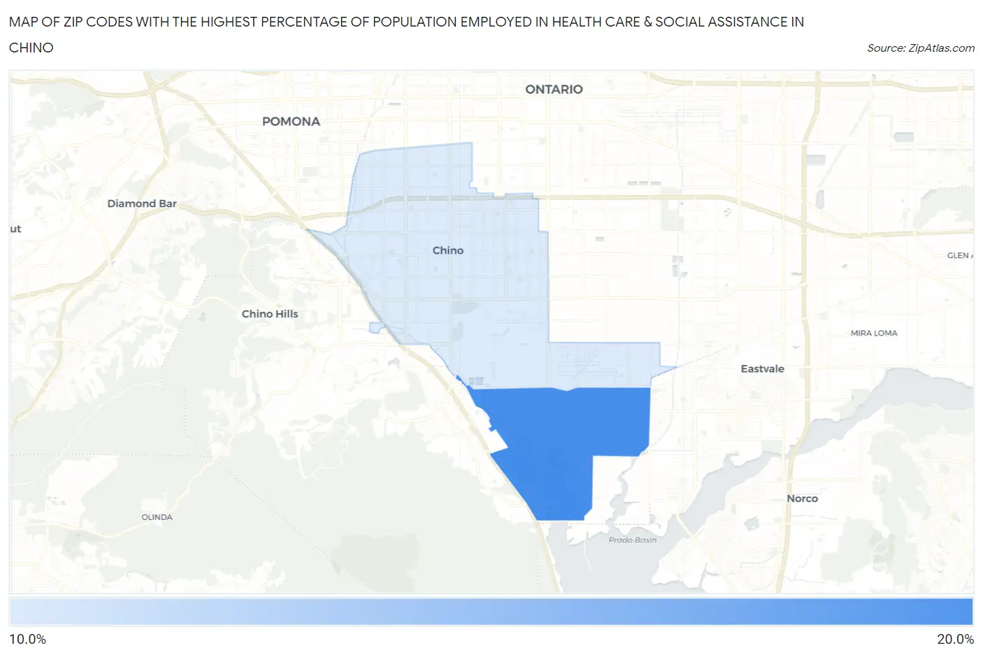 Zip Codes with the Highest Percentage of Population Employed in Health Care & Social Assistance in Chino Map