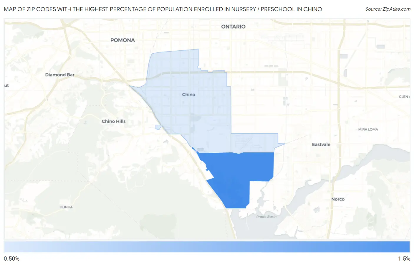 Zip Codes with the Highest Percentage of Population Enrolled in Nursery / Preschool in Chino Map