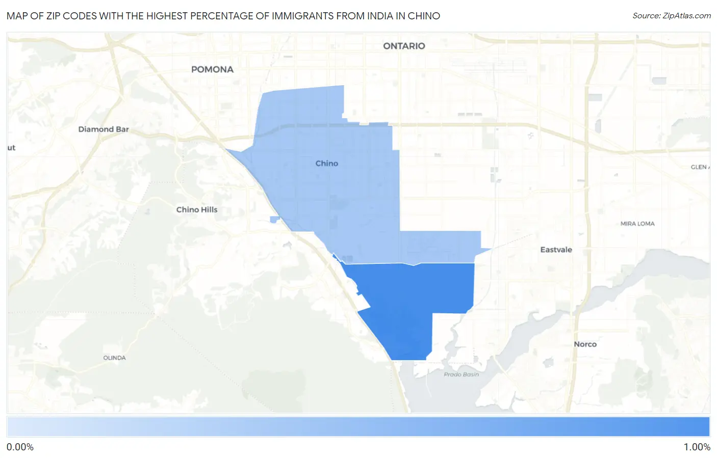 Zip Codes with the Highest Percentage of Immigrants from India in Chino Map