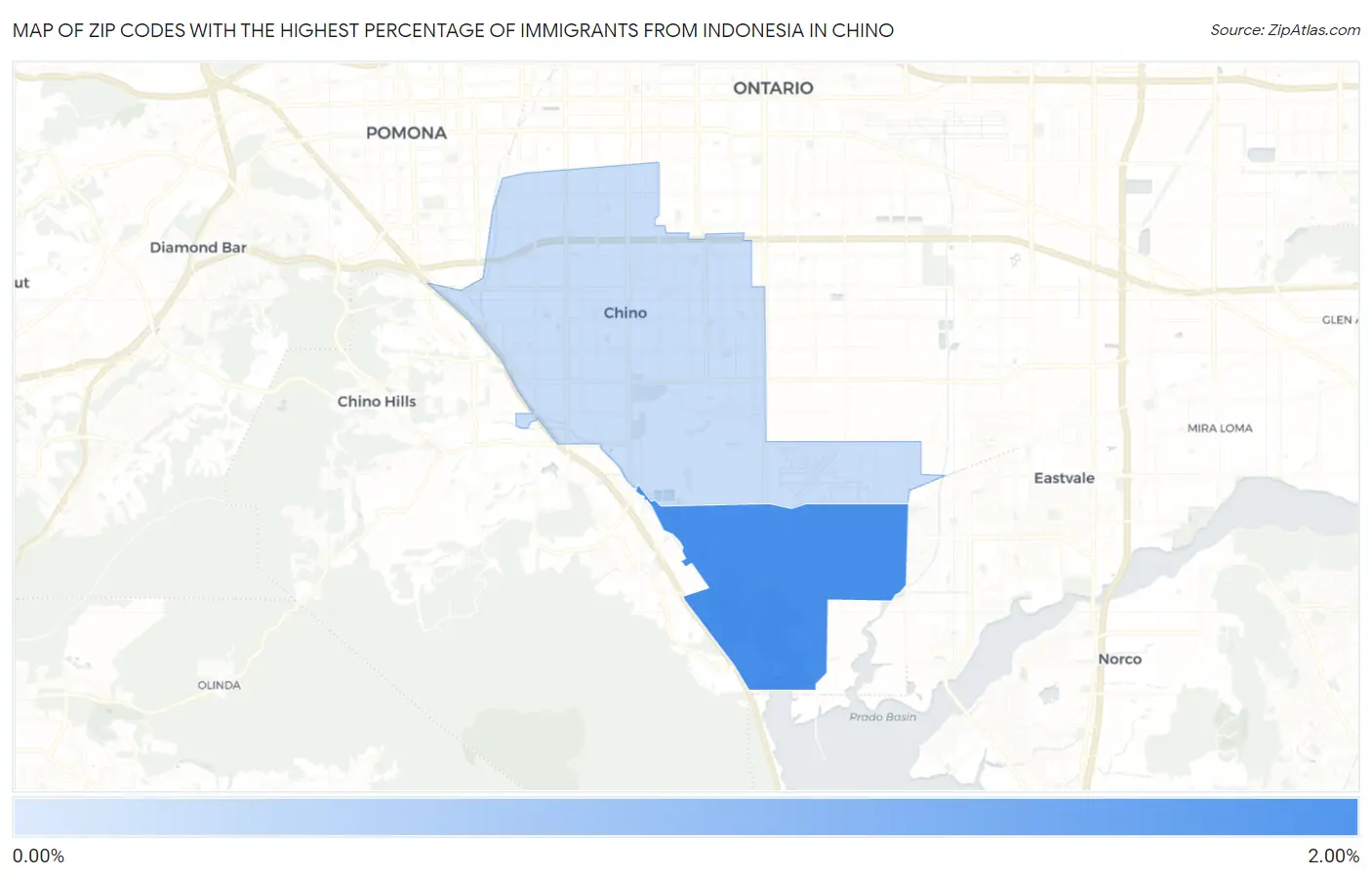Zip Codes with the Highest Percentage of Immigrants from Indonesia in Chino Map