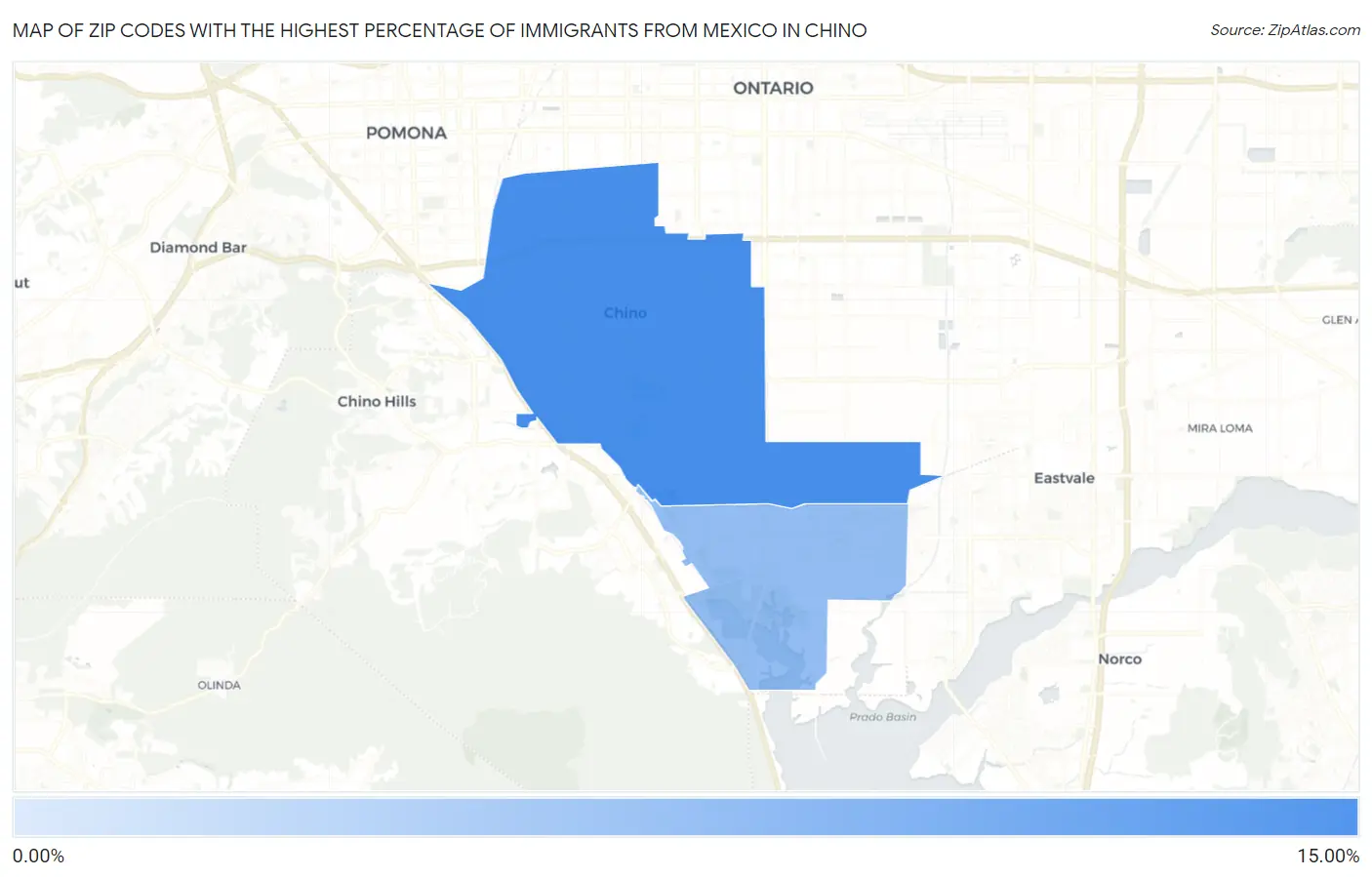 Zip Codes with the Highest Percentage of Immigrants from Mexico in Chino Map
