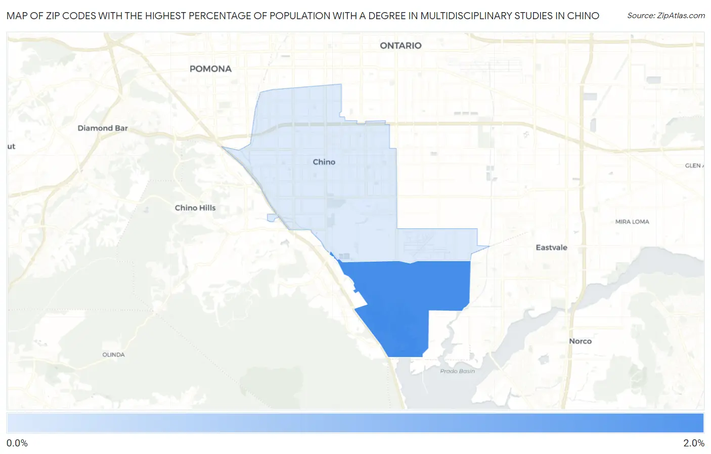 Zip Codes with the Highest Percentage of Population with a Degree in Multidisciplinary Studies in Chino Map