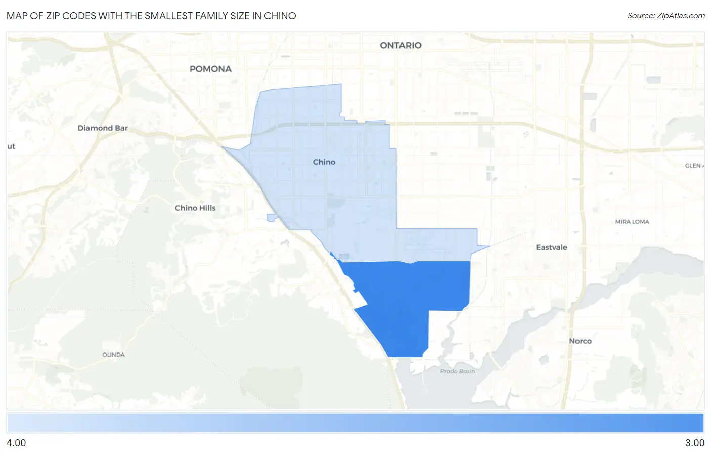 Zip Codes with the Smallest Family Size in Chino Map