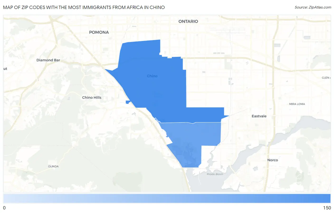 Zip Codes with the Most Immigrants from Africa in Chino Map