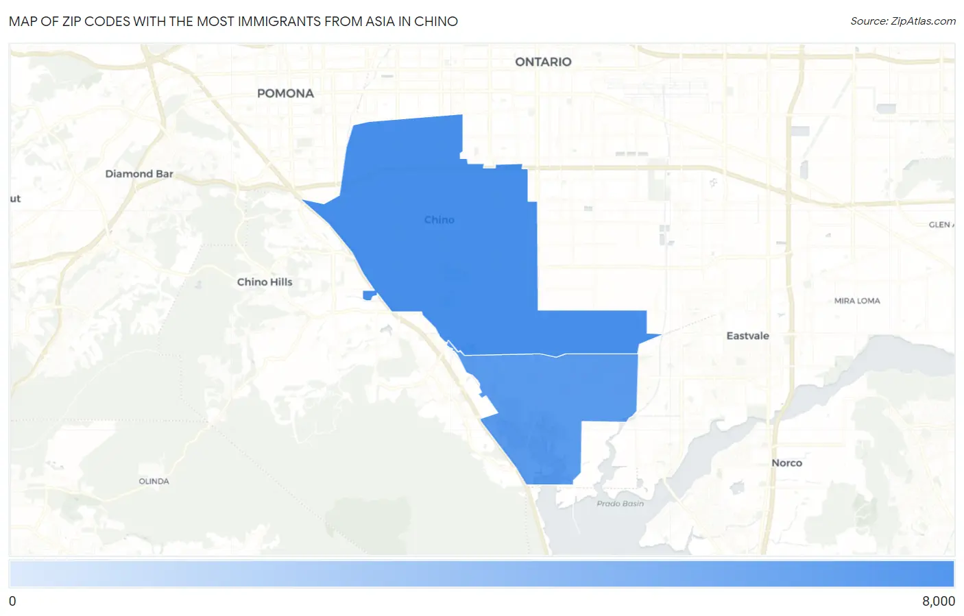 Zip Codes with the Most Immigrants from Asia in Chino Map