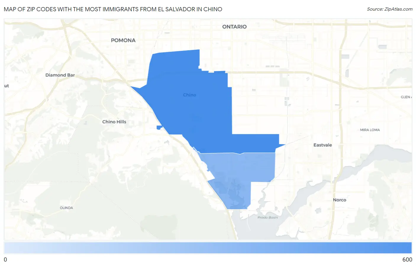 Zip Codes with the Most Immigrants from El Salvador in Chino Map