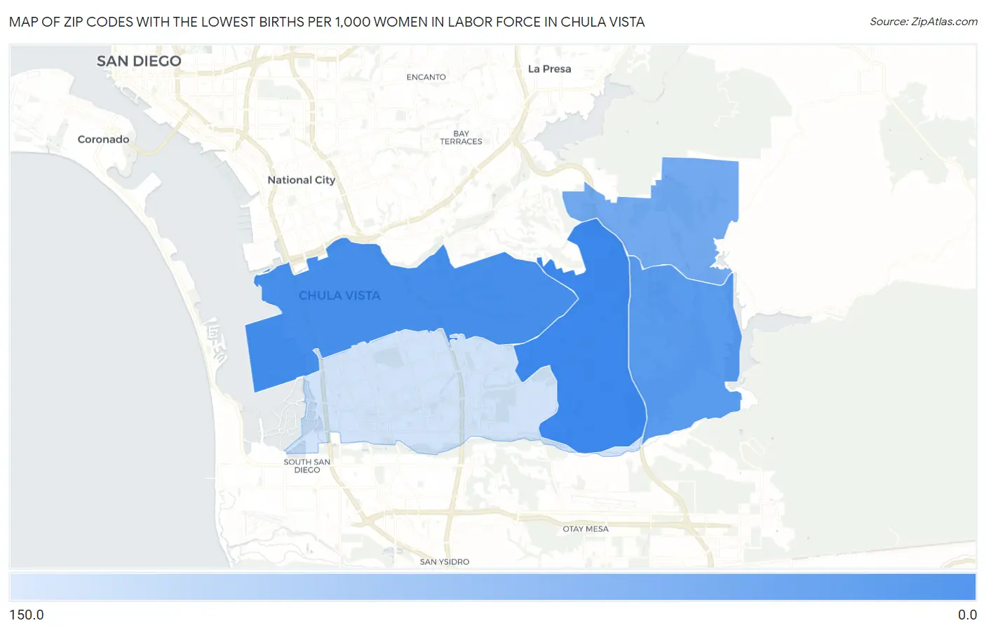 Zip Codes with the Lowest Births per 1,000 Women in Labor Force in Chula Vista Map