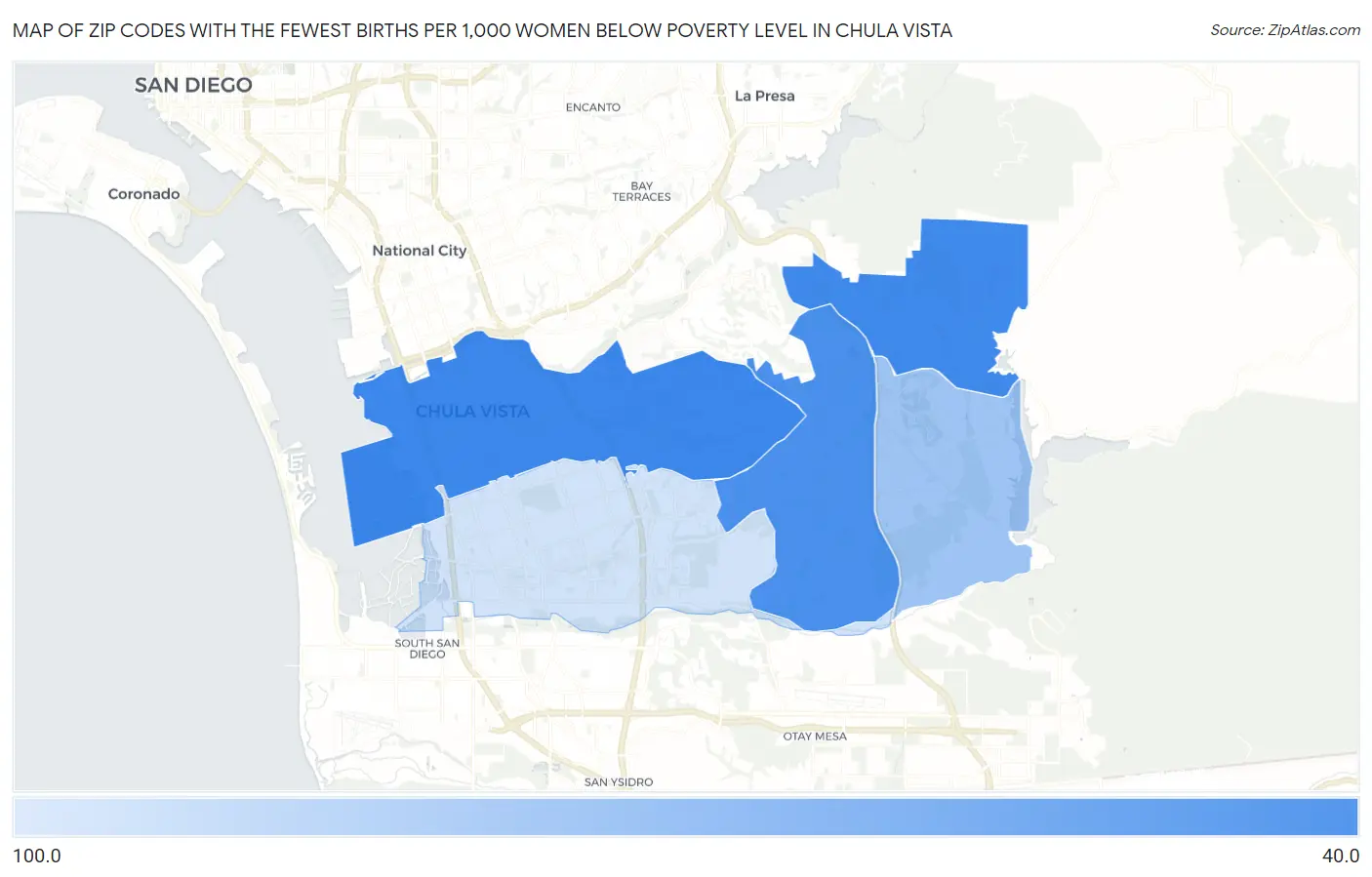 Zip Codes with the Fewest Births per 1,000 Women Below Poverty Level in Chula Vista Map