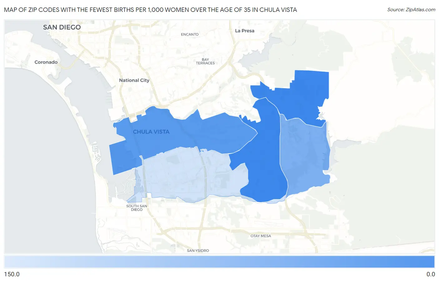 Zip Codes with the Fewest Births per 1,000 Women Over the Age of 35 in Chula Vista Map