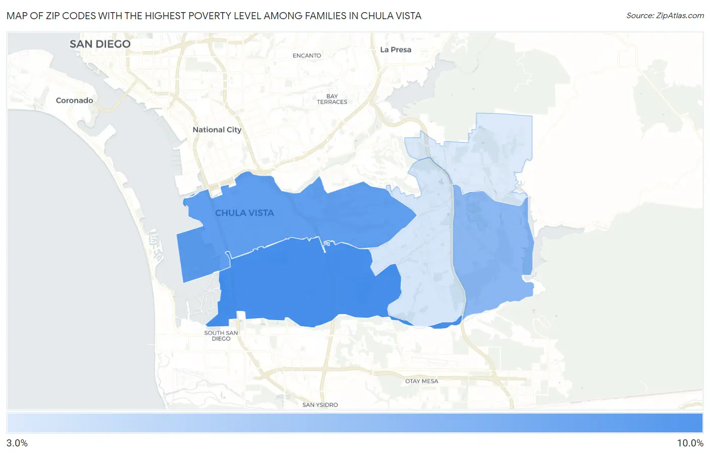 Zip Codes with the Highest Poverty Level Among Families in Chula Vista Map