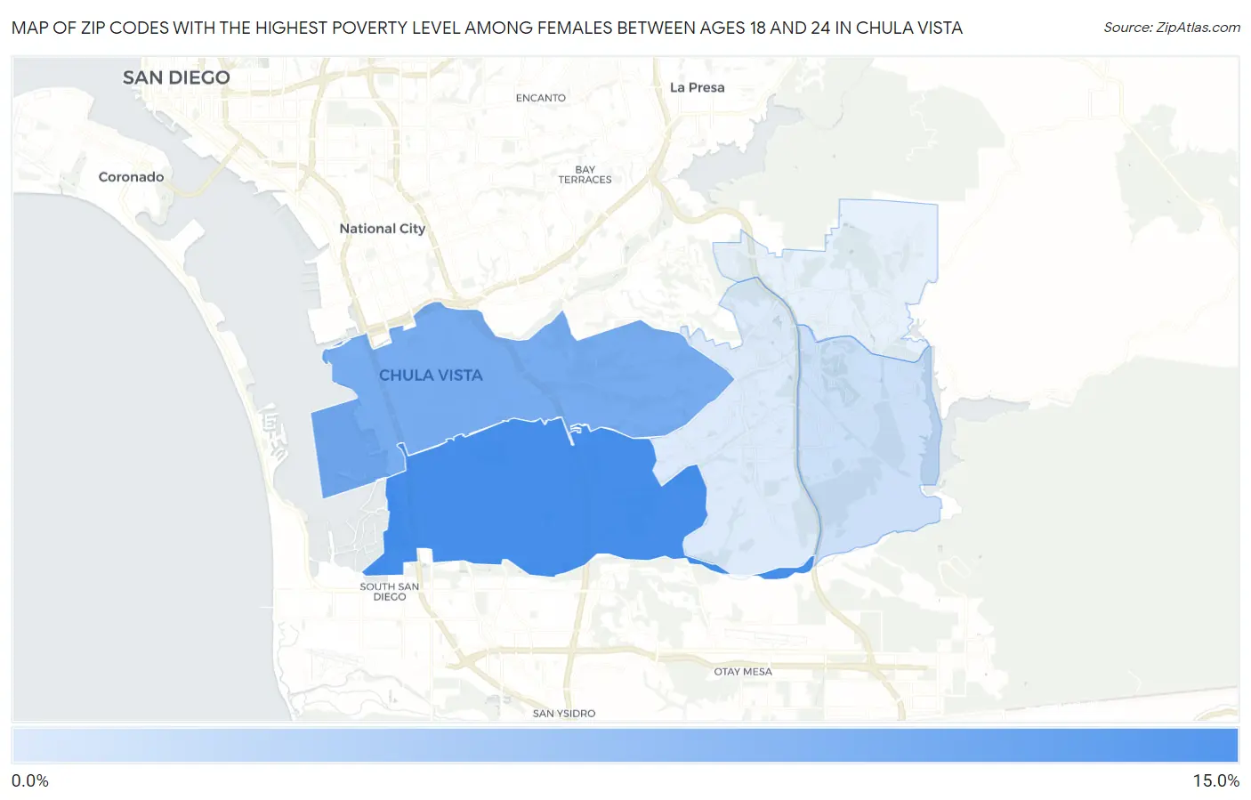 Zip Codes with the Highest Poverty Level Among Females Between Ages 18 and 24 in Chula Vista Map