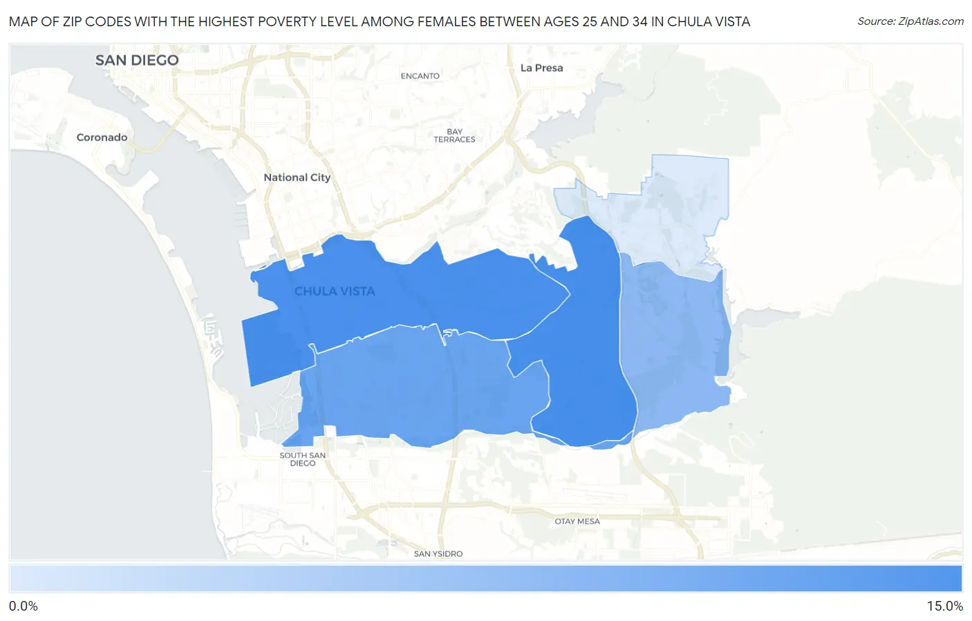 Zip Codes with the Highest Poverty Level Among Females Between Ages 25 and 34 in Chula Vista Map