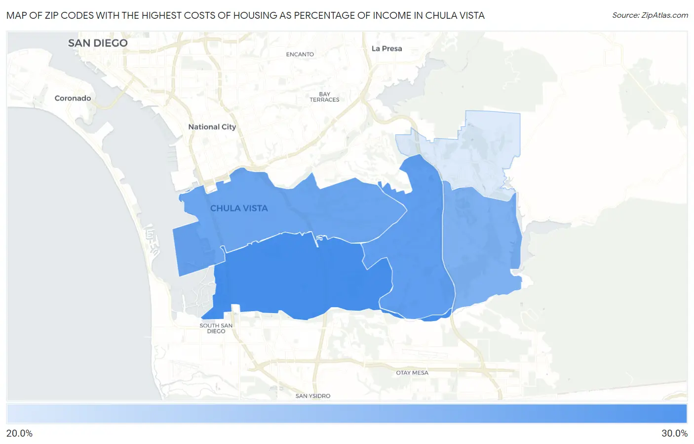Zip Codes with the Highest Costs of Housing as Percentage of Income in Chula Vista Map