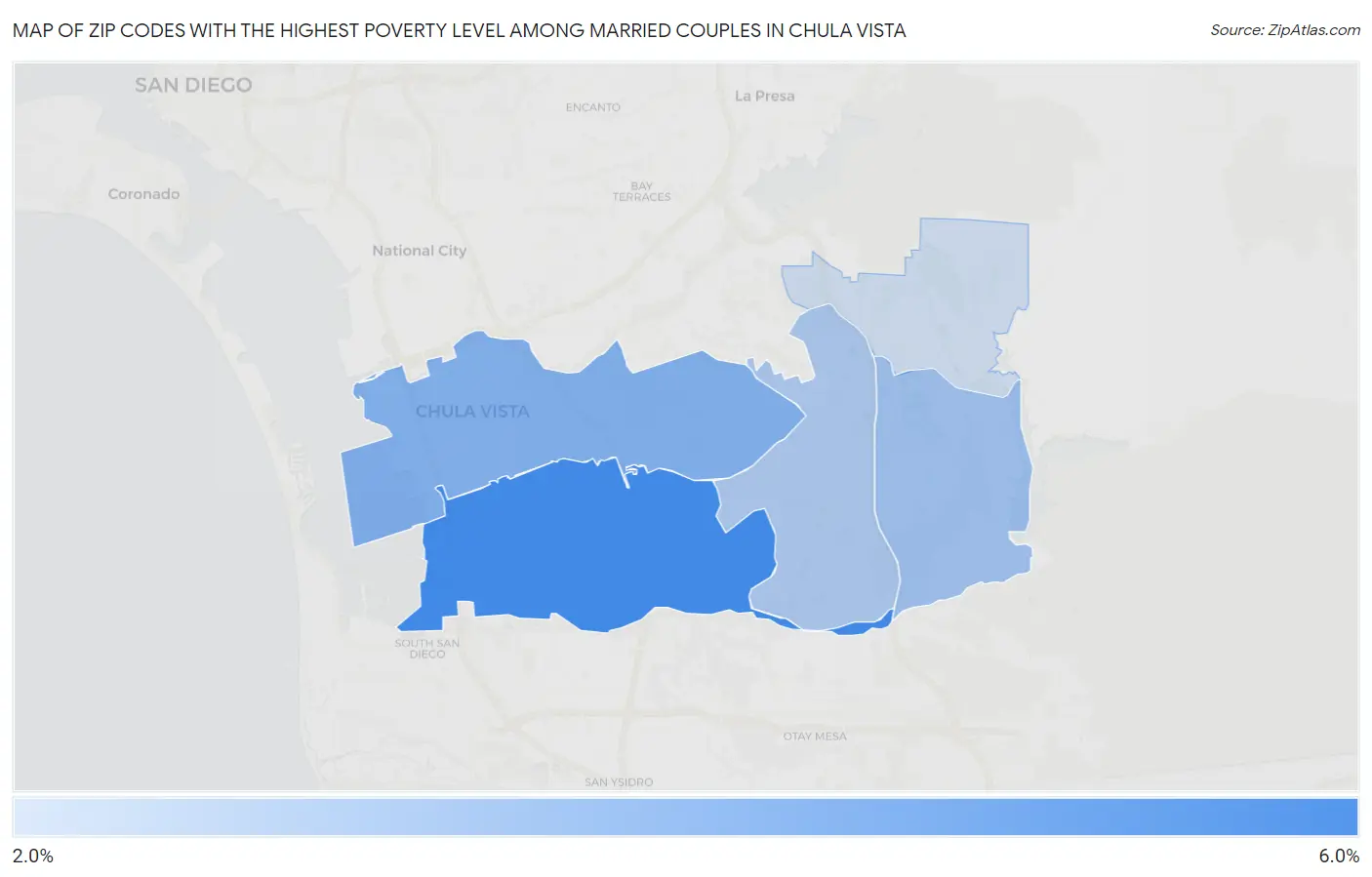 Zip Codes with the Highest Poverty Level Among Married Couples in Chula Vista Map