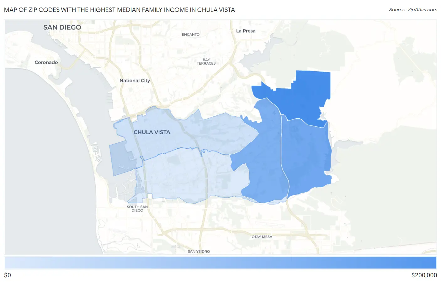 Zip Codes with the Highest Median Family Income in Chula Vista Map