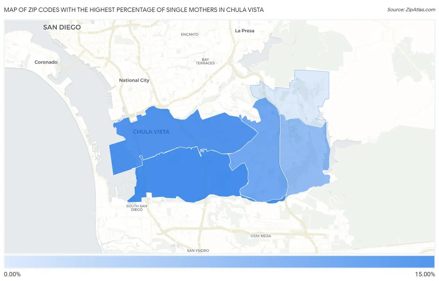 Zip Codes with the Highest Percentage of Single Mothers in Chula Vista Map