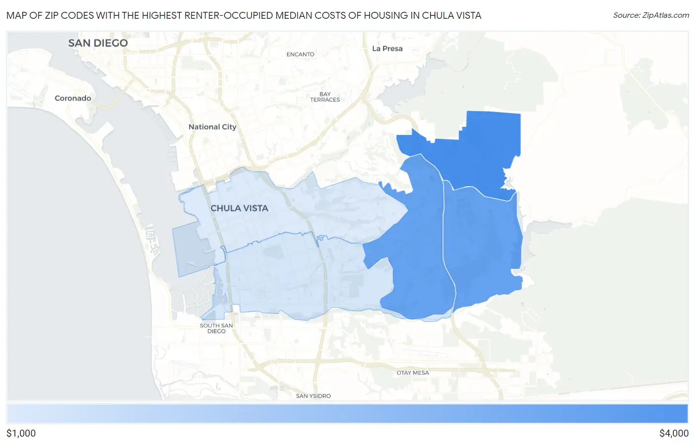 Zip Codes with the Highest Renter-Occupied Median Costs of Housing in Chula Vista Map