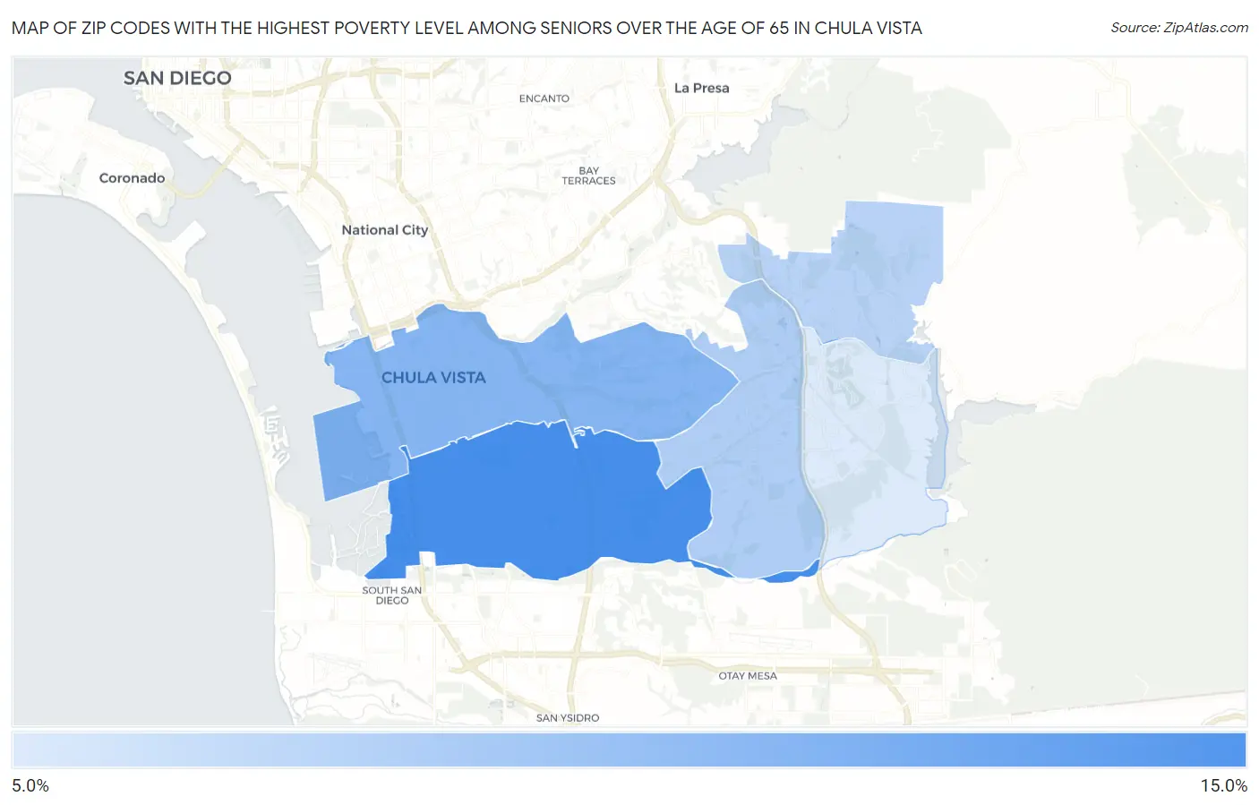 Zip Codes with the Highest Poverty Level Among Seniors Over the Age of 65 in Chula Vista Map