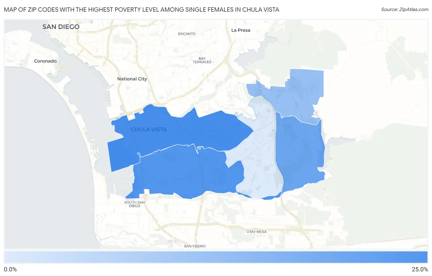 Zip Codes with the Highest Poverty Level Among Single Females in Chula Vista Map