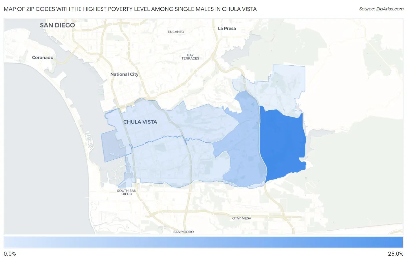 Zip Codes with the Highest Poverty Level Among Single Males in Chula Vista Map