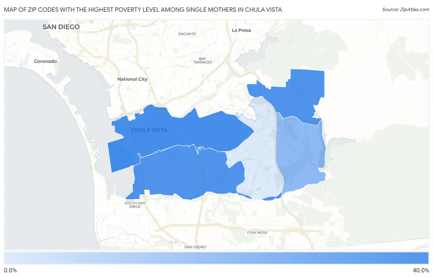 Zip Codes with the Highest Poverty Level Among Single Mothers in Chula Vista Map