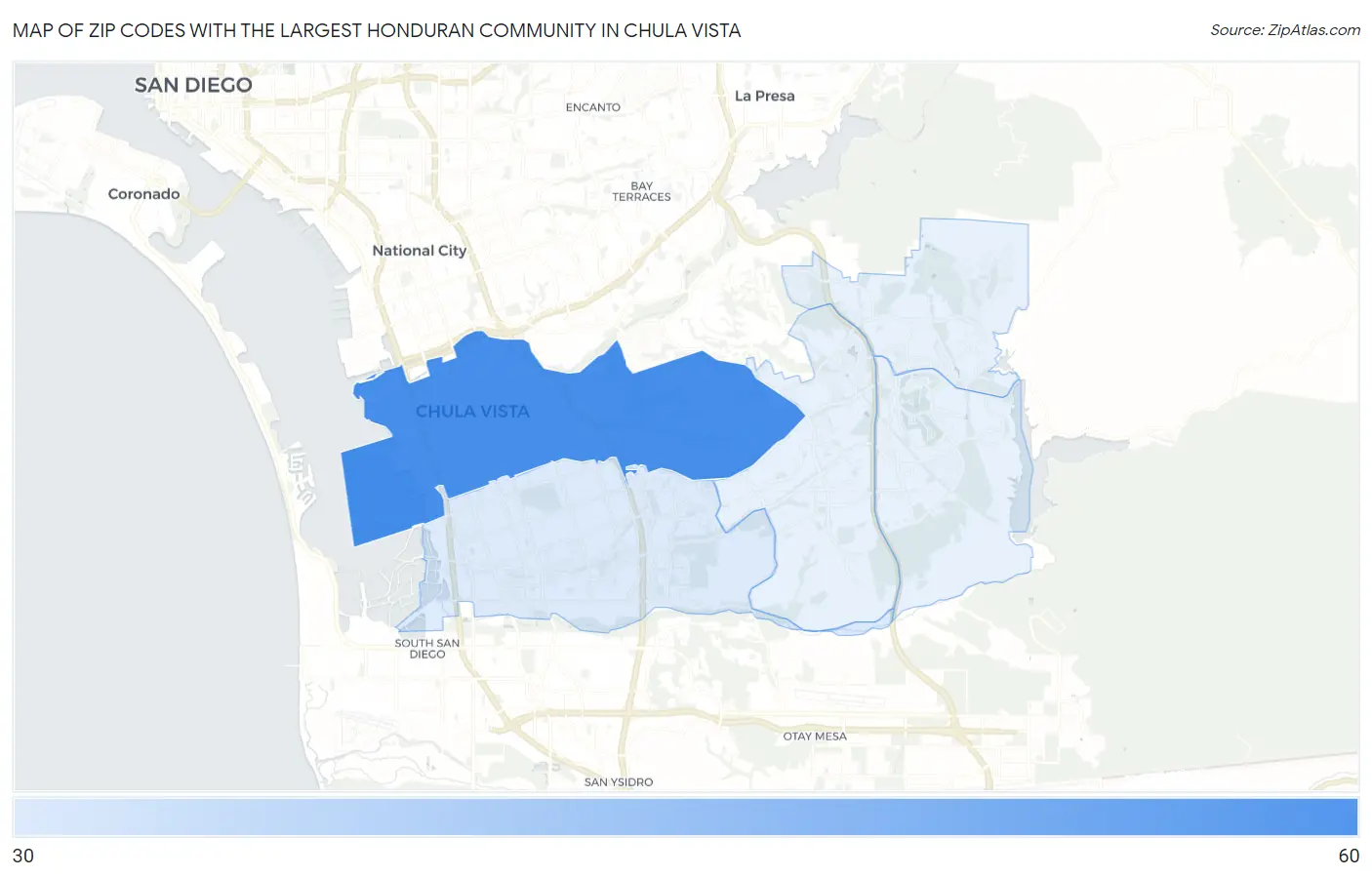 Zip Codes with the Largest Honduran Community in Chula Vista Map