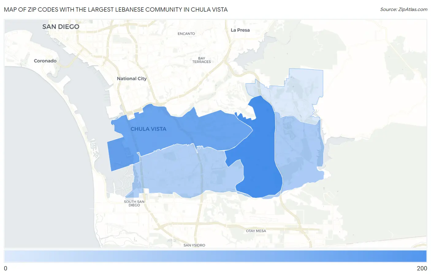 Zip Codes with the Largest Lebanese Community in Chula Vista Map