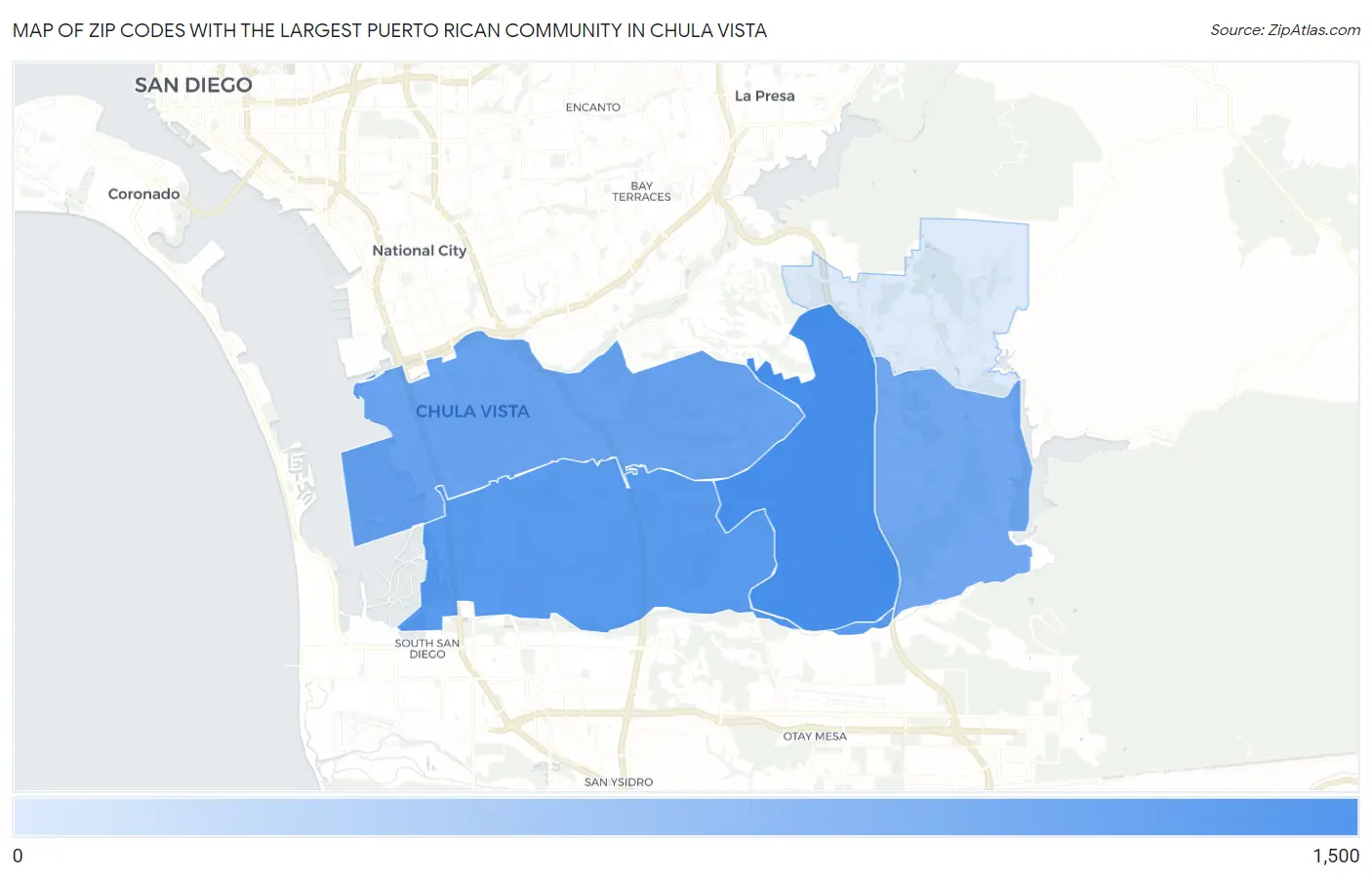 Zip Codes with the Largest Puerto Rican Community in Chula Vista Map