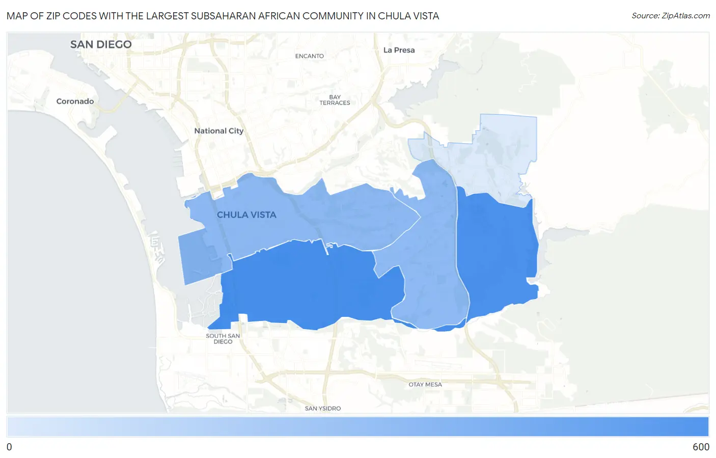 Zip Codes with the Largest Subsaharan African Community in Chula Vista Map