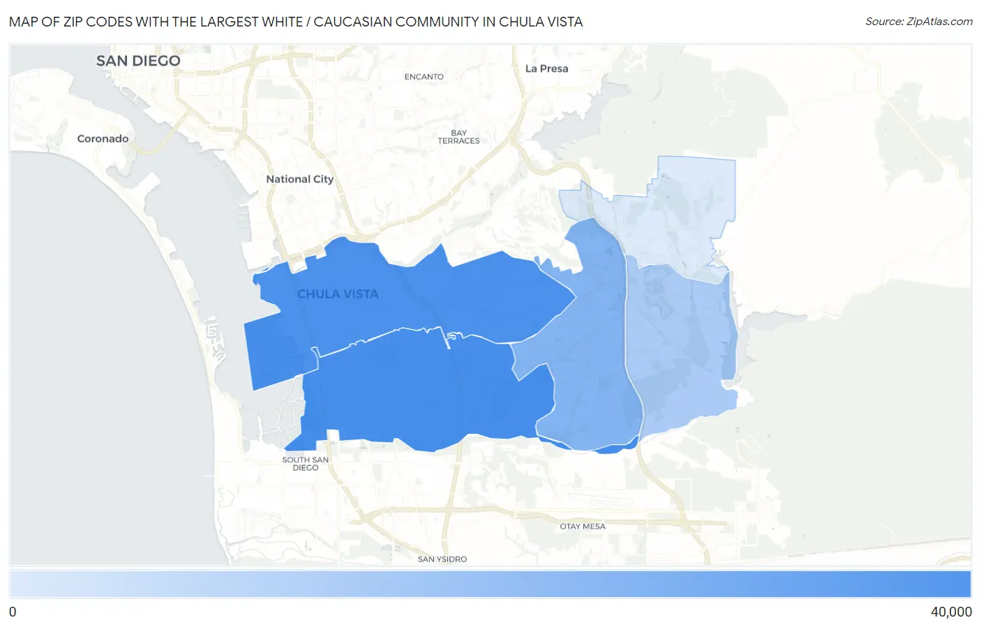 Zip Codes with the Largest White / Caucasian Community in Chula Vista Map