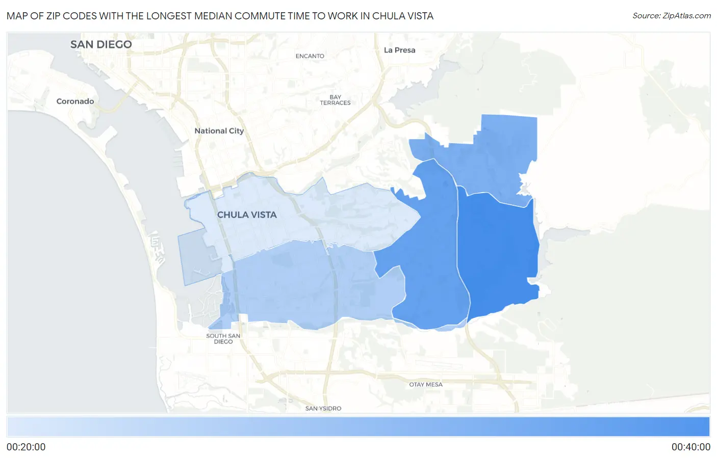 Zip Codes with the Longest Median Commute Time to Work in Chula Vista Map