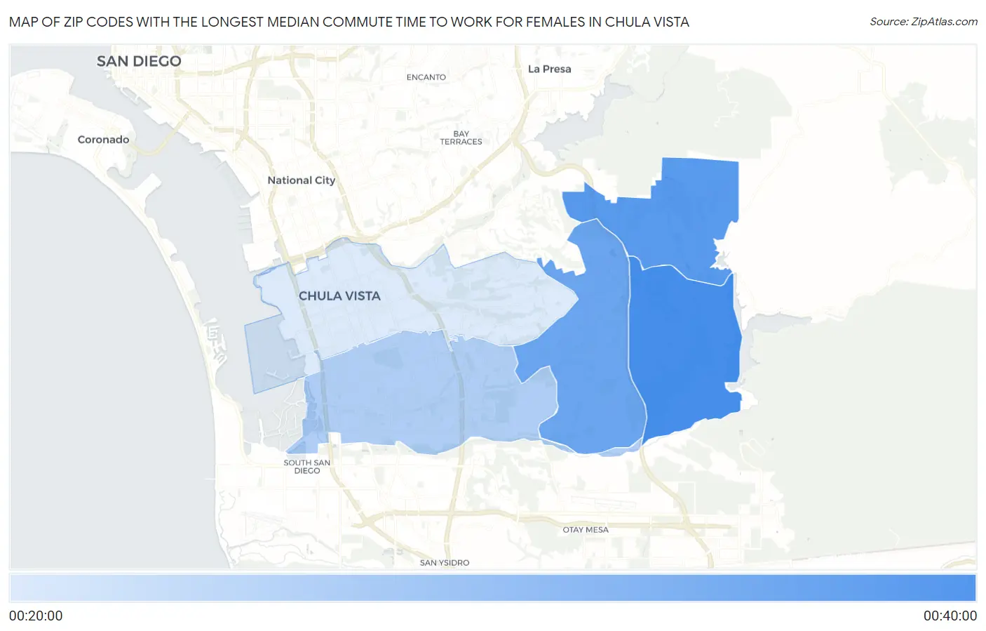 Zip Codes with the Longest Median Commute Time to Work for Females in Chula Vista Map