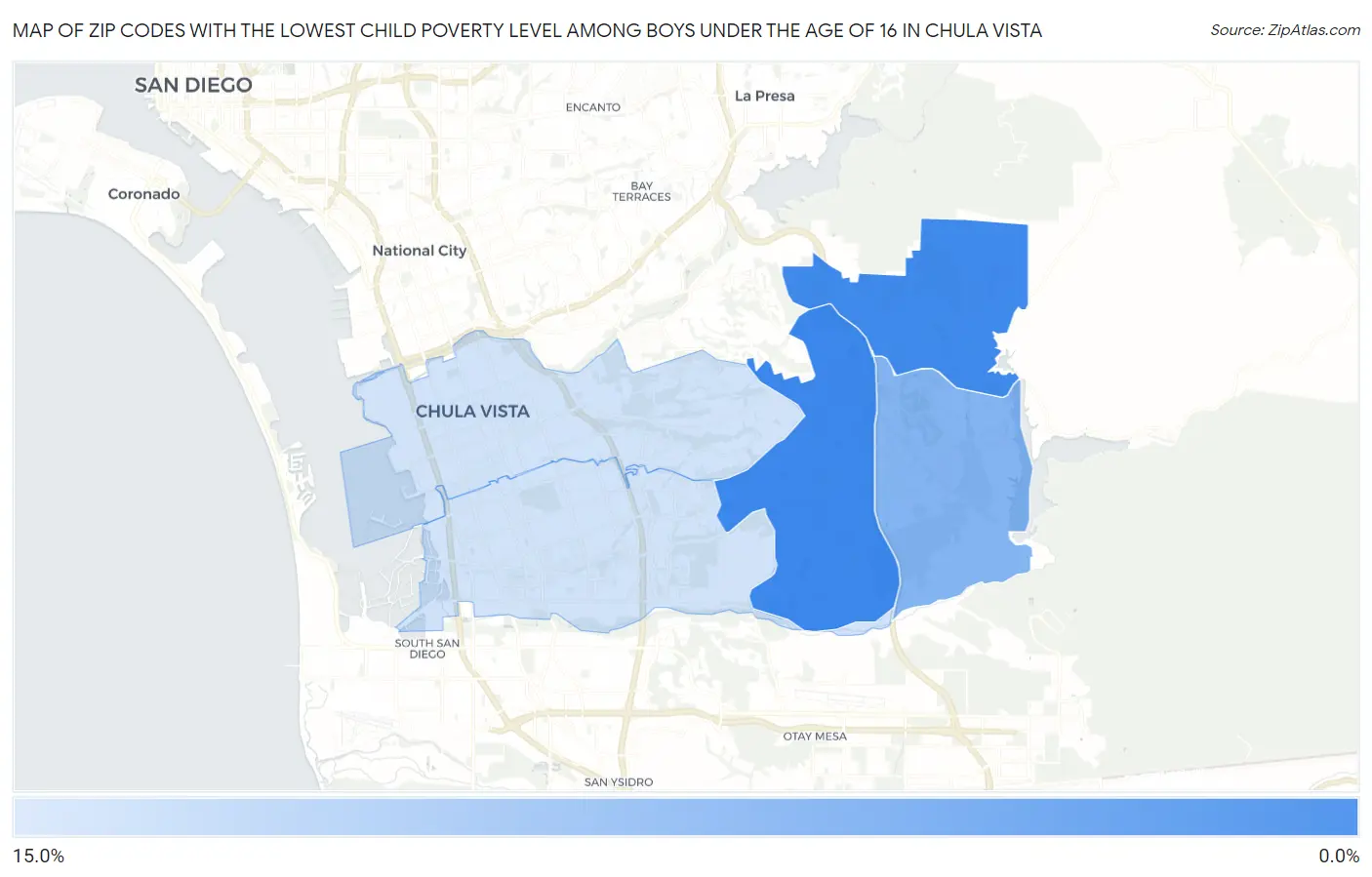 Zip Codes with the Lowest Child Poverty Level Among Boys Under the Age of 16 in Chula Vista Map