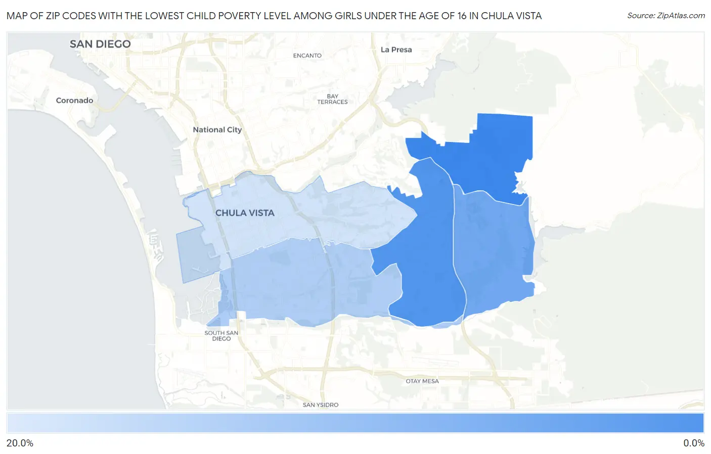 Zip Codes with the Lowest Child Poverty Level Among Girls Under the Age of 16 in Chula Vista Map