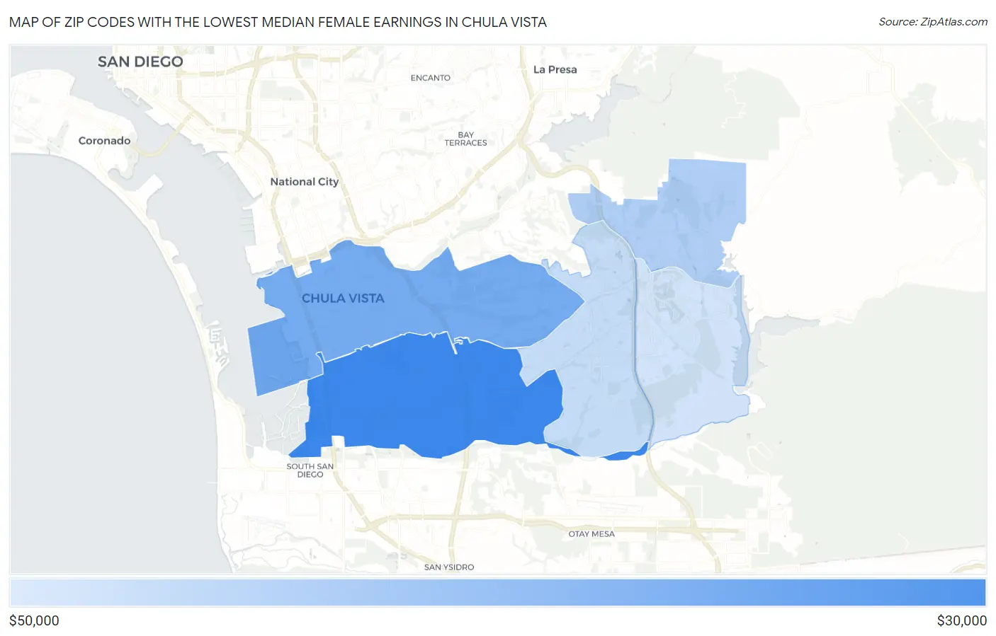 Zip Codes with the Lowest Median Female Earnings in Chula Vista Map