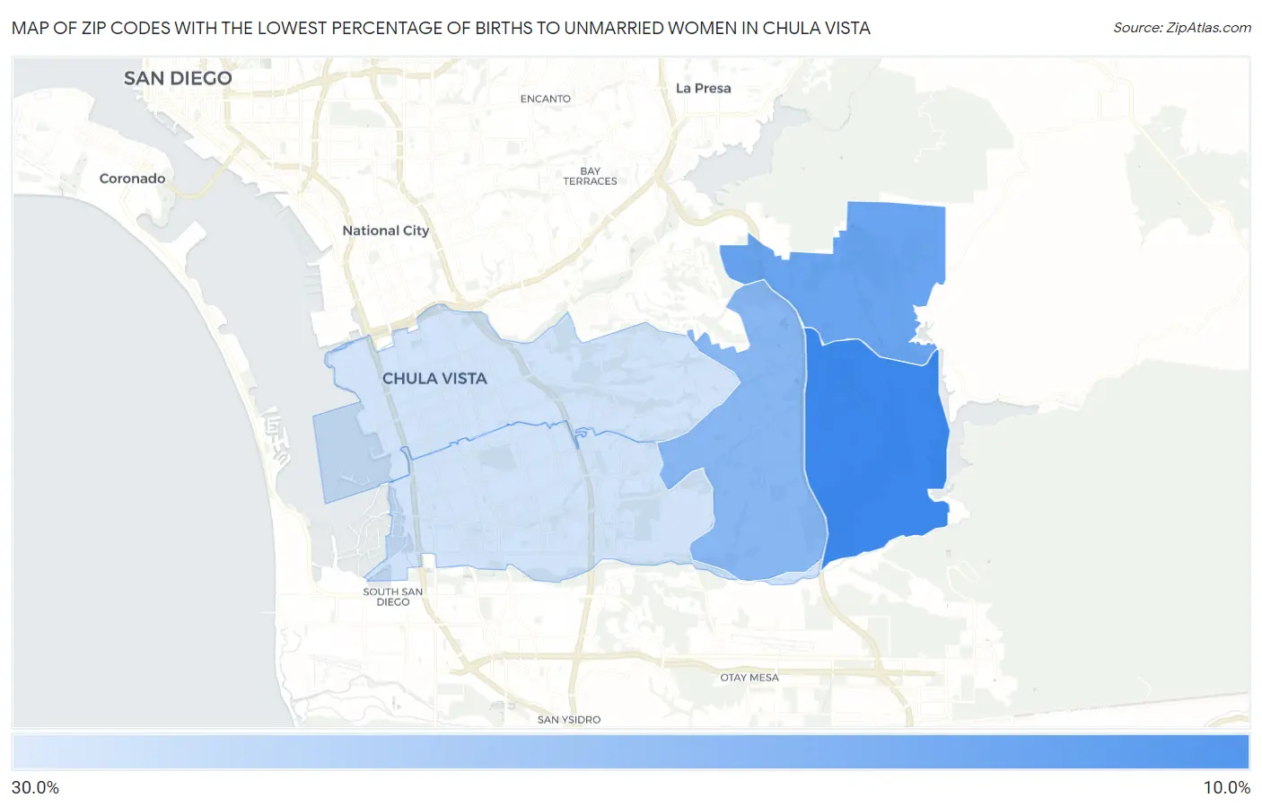 Zip Codes with the Lowest Percentage of Births to Unmarried Women in Chula Vista Map