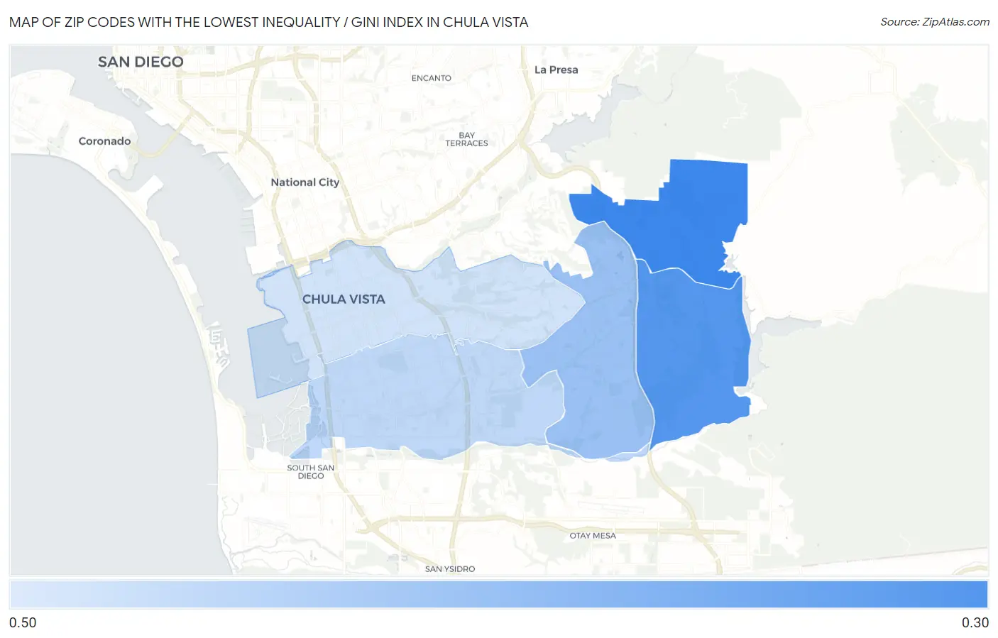 Zip Codes with the Lowest Inequality / Gini Index in Chula Vista Map